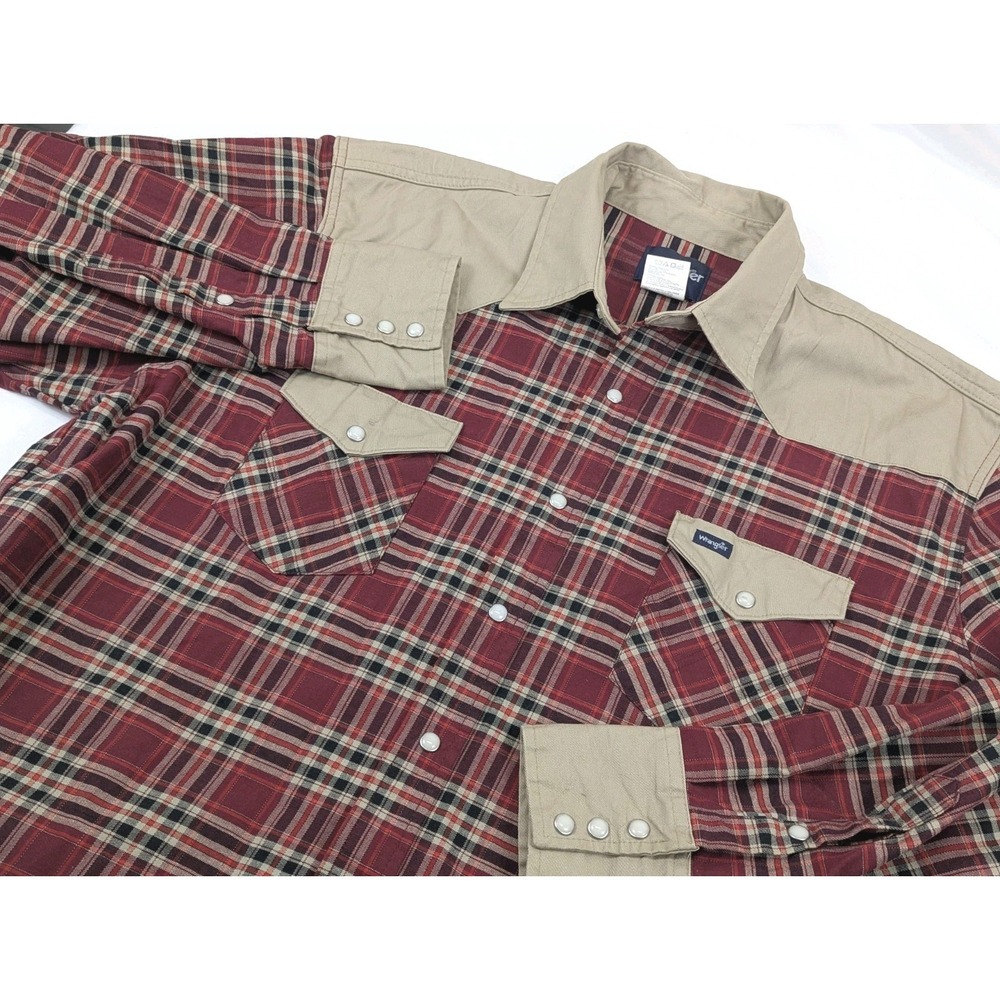Vintage Wrangler Shirt Mens 2X Red Plaid Tan Brushpopper Pearl Snap Western - Picture 3 of 10